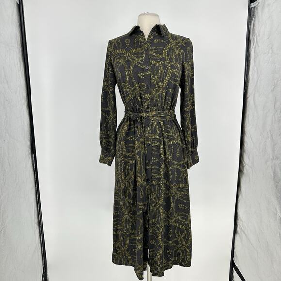 Richard Allan x H&M Shirt Dress Brown Green Printed Pattern Dress Women’s Sz 6 - Picture 2 of 12